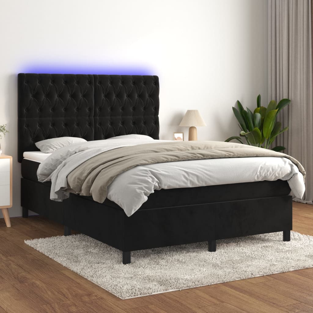 Letto a Molle con Materasso e LED Nero 140x190 cm in Velluto