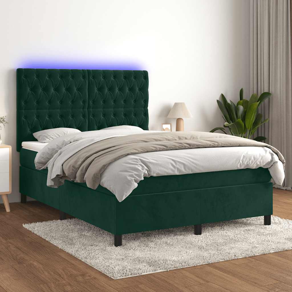 Letto a Molle con Materasso e LED Verde Scuro 140x190cm Velluto | homemem39