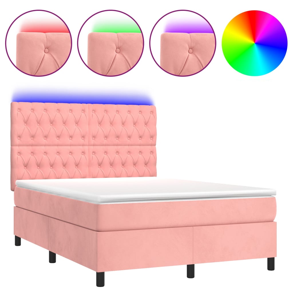 Letto a Molle con Materasso e LED Rosa 140x190 cm in Velluto | homemem39