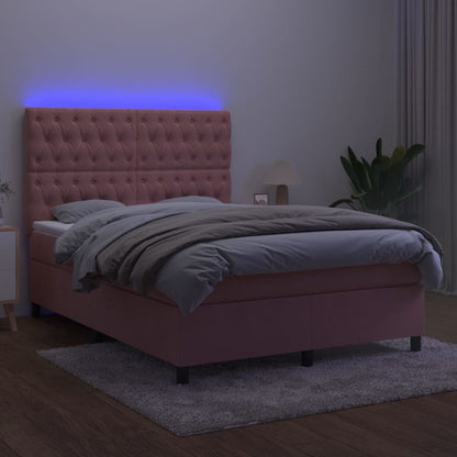 Letto a Molle con Materasso e LED Rosa 140x190 cm in Velluto
