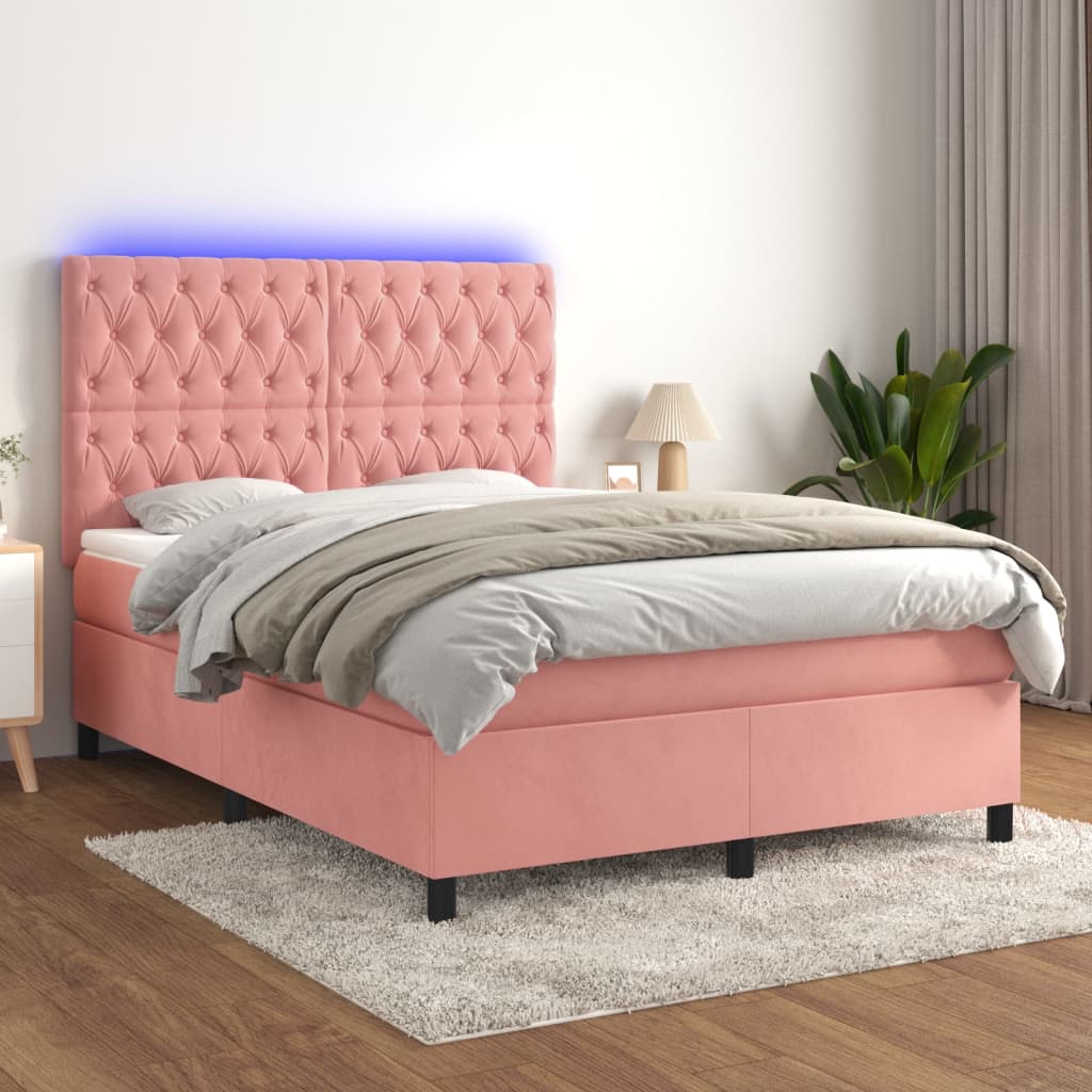 Letto a Molle con Materasso e LED Rosa 140x190 cm in Velluto | homemem39