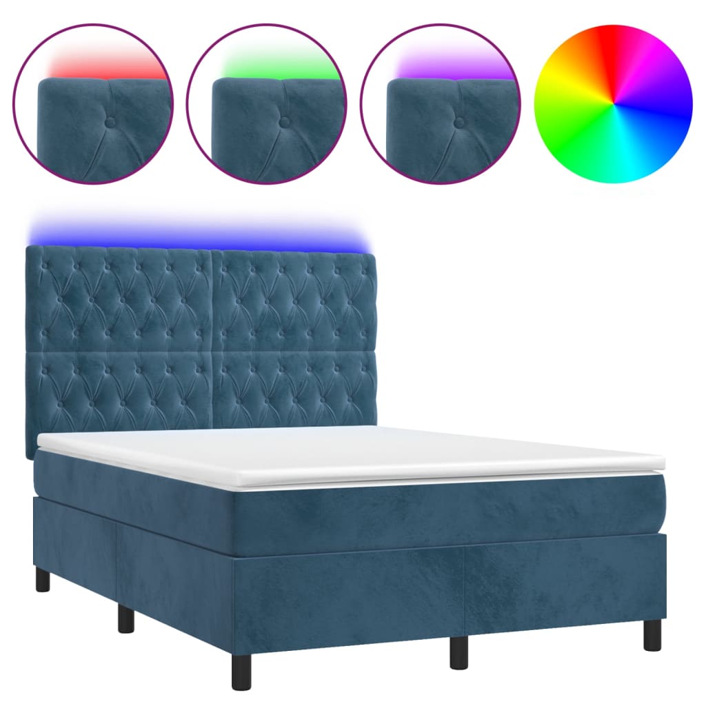 Letto a Molle con Materasso e LED Blu Scuro 140x200 cm