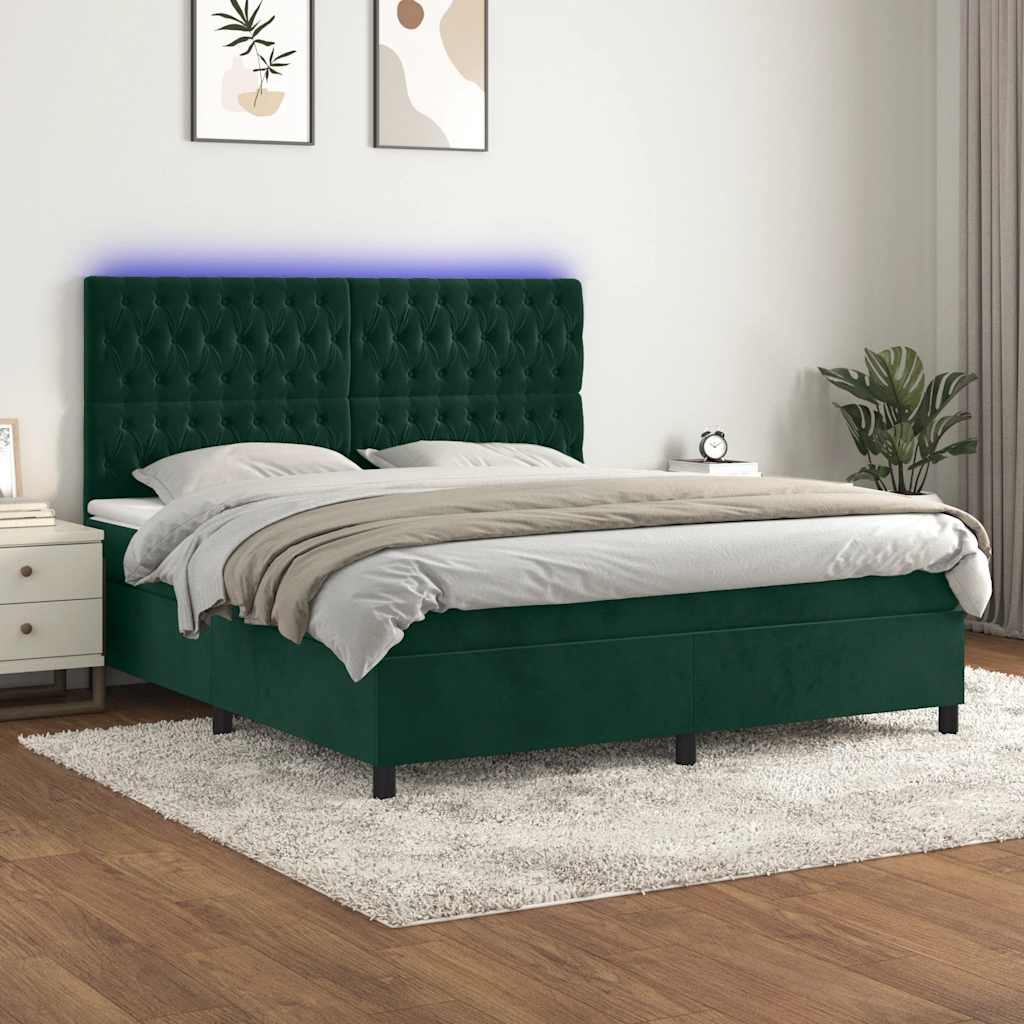 Letto a Molle con Materasso e LED Verde Scuro 160x200cm Velluto