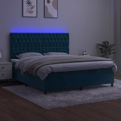 Letto a Molle con Materasso e LED Blu Scuro 160x200 cm