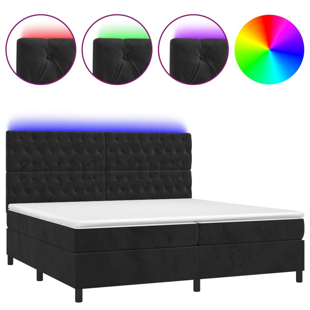 Letto a Molle con Materasso e LED Nero 200x200 cm in Velluto | homemem39