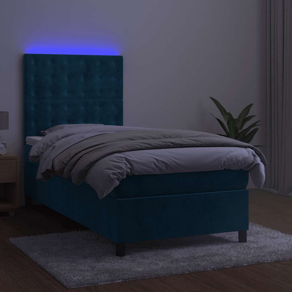 Letto a Molle con Materasso e LED Blu Scuro 80x200cm in Velluto