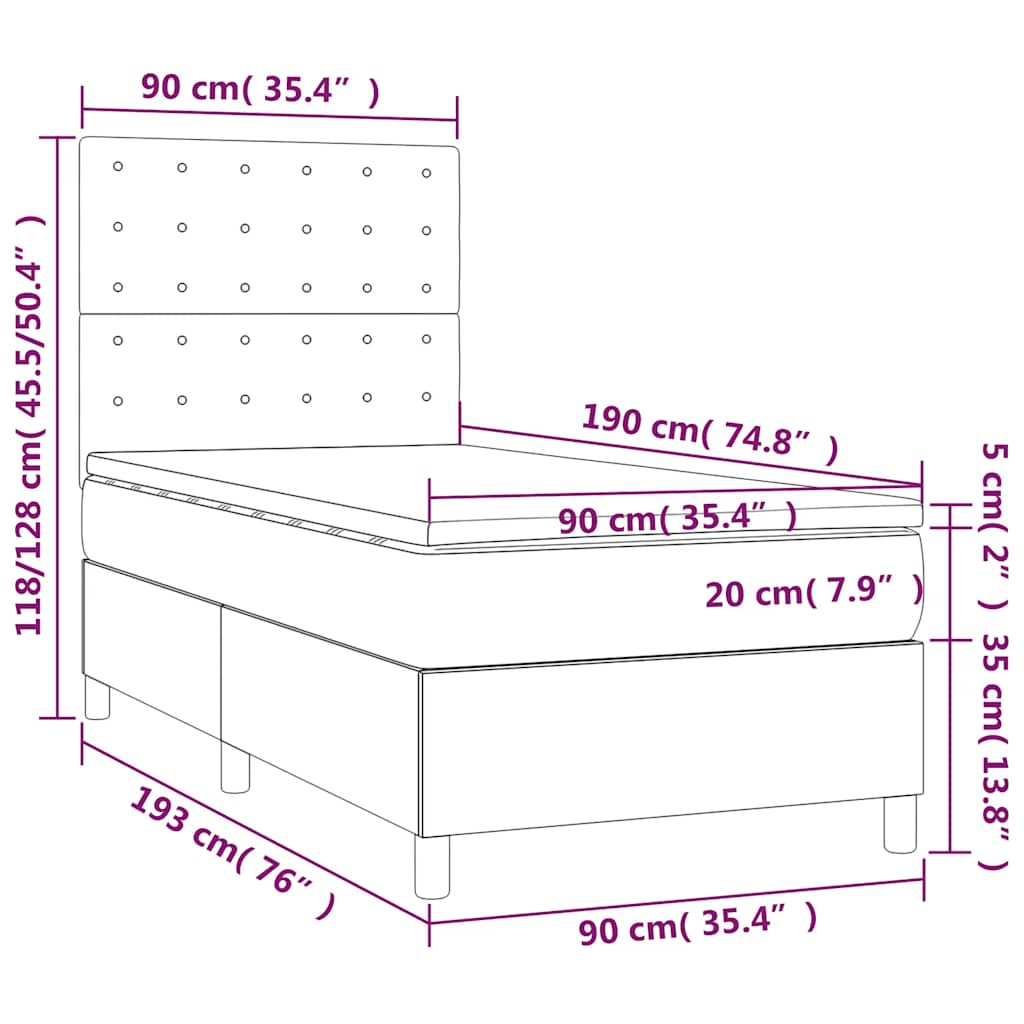 Letto a Molle con Materasso e LED Blu Scuro 90x190cm in Velluto | homemem39