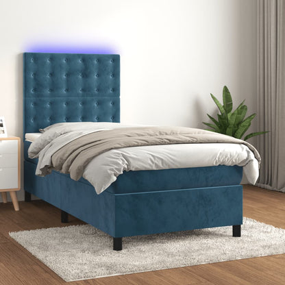 Letto a Molle con Materasso e LED Blu Scuro 90x190cm in Velluto - homemem39
