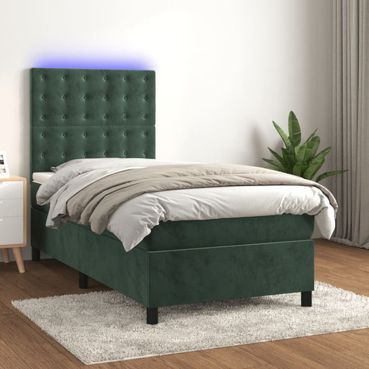 Letto a Molle con Materasso e LED Verde Scuro 90x200cm Velluto