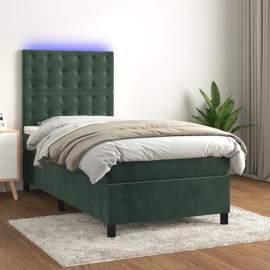 Letto a Molle con Materasso e LED Verde Scuro 100x200cm Velluto - homemem39