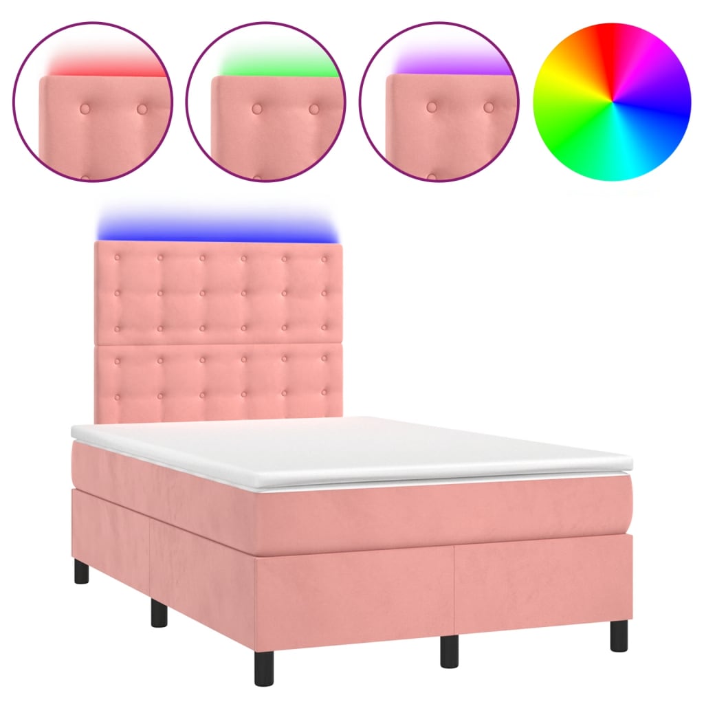 Letto a Molle con Materasso e LED Rosa 120x200 cm in Velluto - homemem39