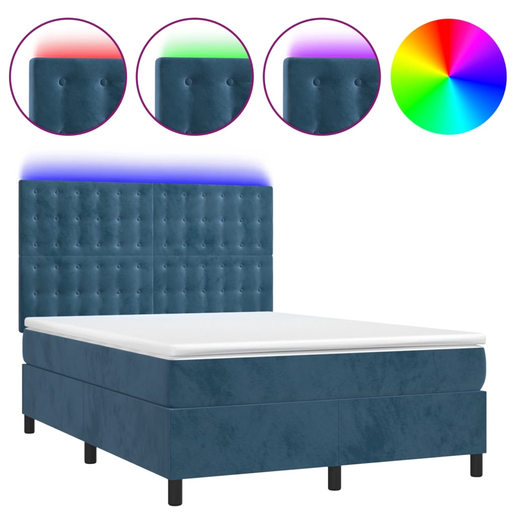 Letto a Molle con Materasso e LED Blu Scuro 140x190 cm - homemem39