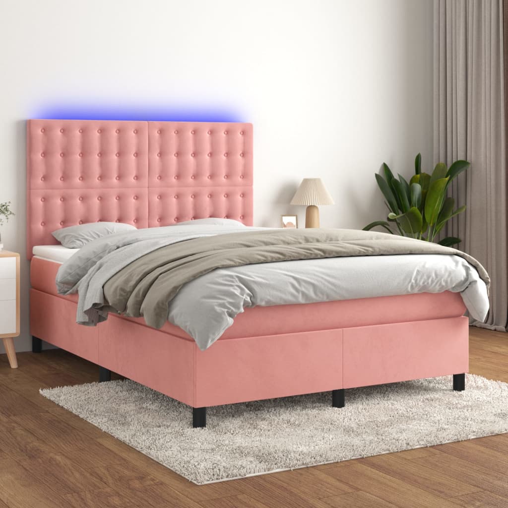 Letto a Molle con Materasso e LED Rosa 140x190 cm in Velluto - homemem39
