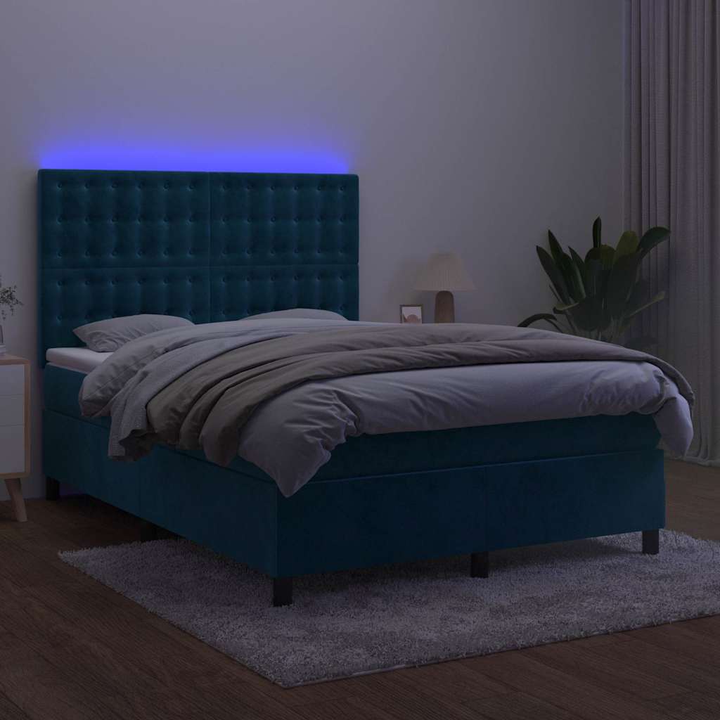 Letto a Molle con Materasso e LED Blu Scuro 140x200 cm