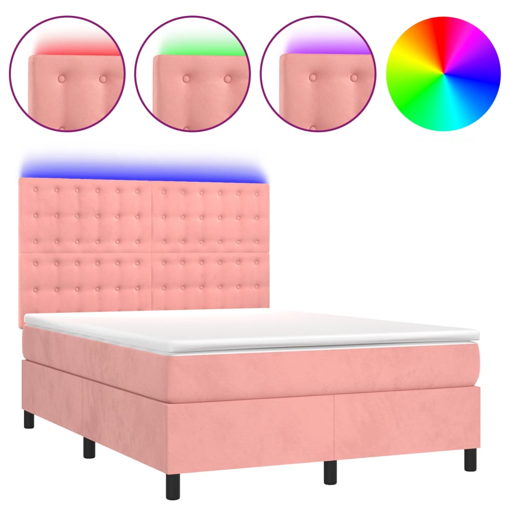 Letto a Molle con Materasso e LED Rosa 140x200 cm in Velluto - homemem39