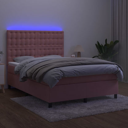 Letto a Molle con Materasso e LED Rosa 140x200 cm in Velluto