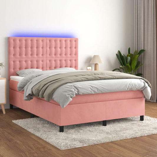 Letto a Molle con Materasso e LED Rosa 140x200 cm in Velluto - homemem39