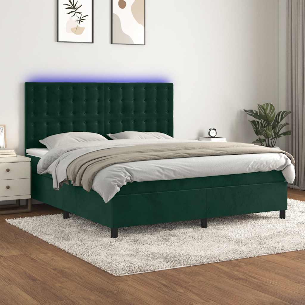 Letto a Molle con Materasso e LED Verde Scuro 160x200cm Velluto | homemem39
