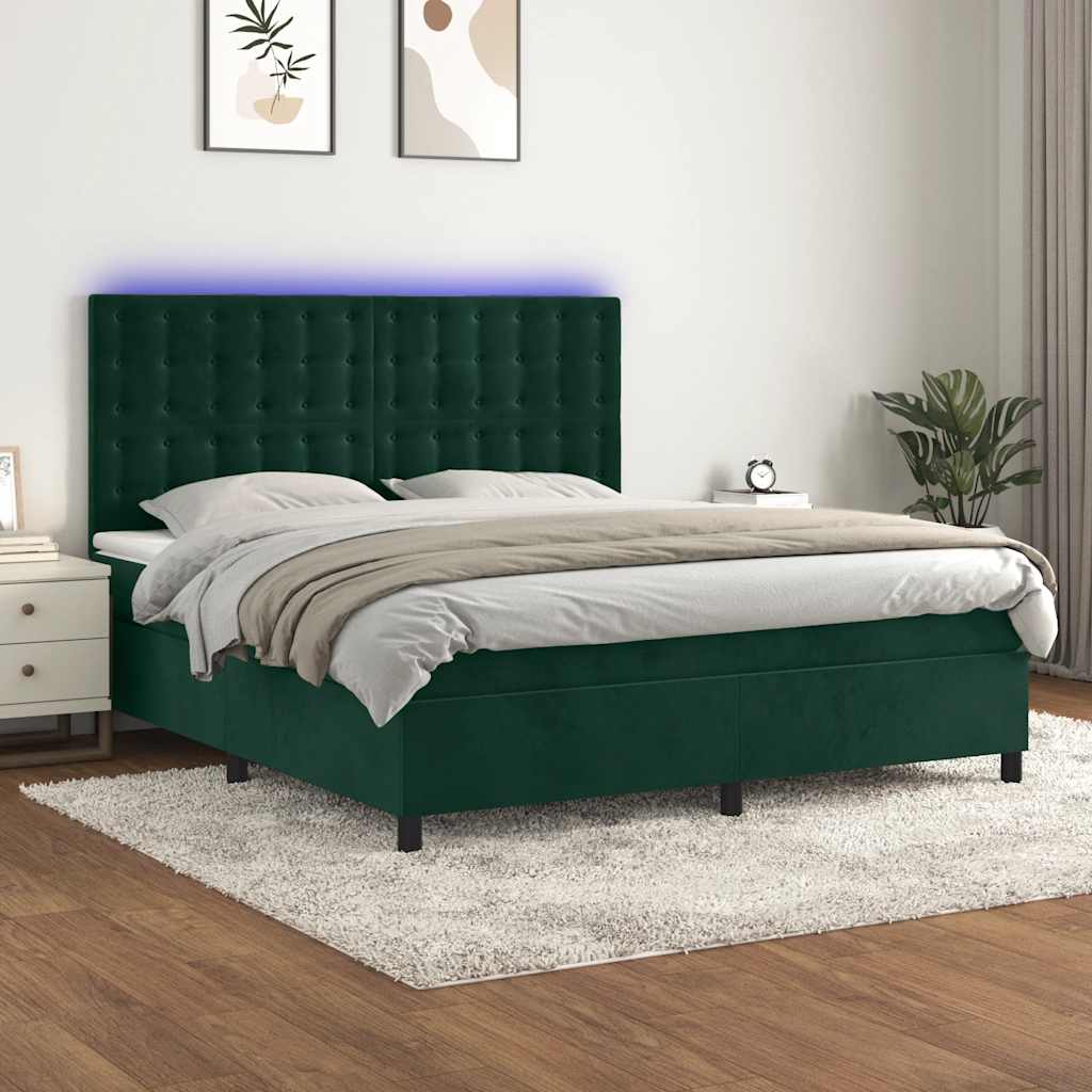 Letto a Molle con Materasso e LED Verde Scuro 180x200cm Velluto