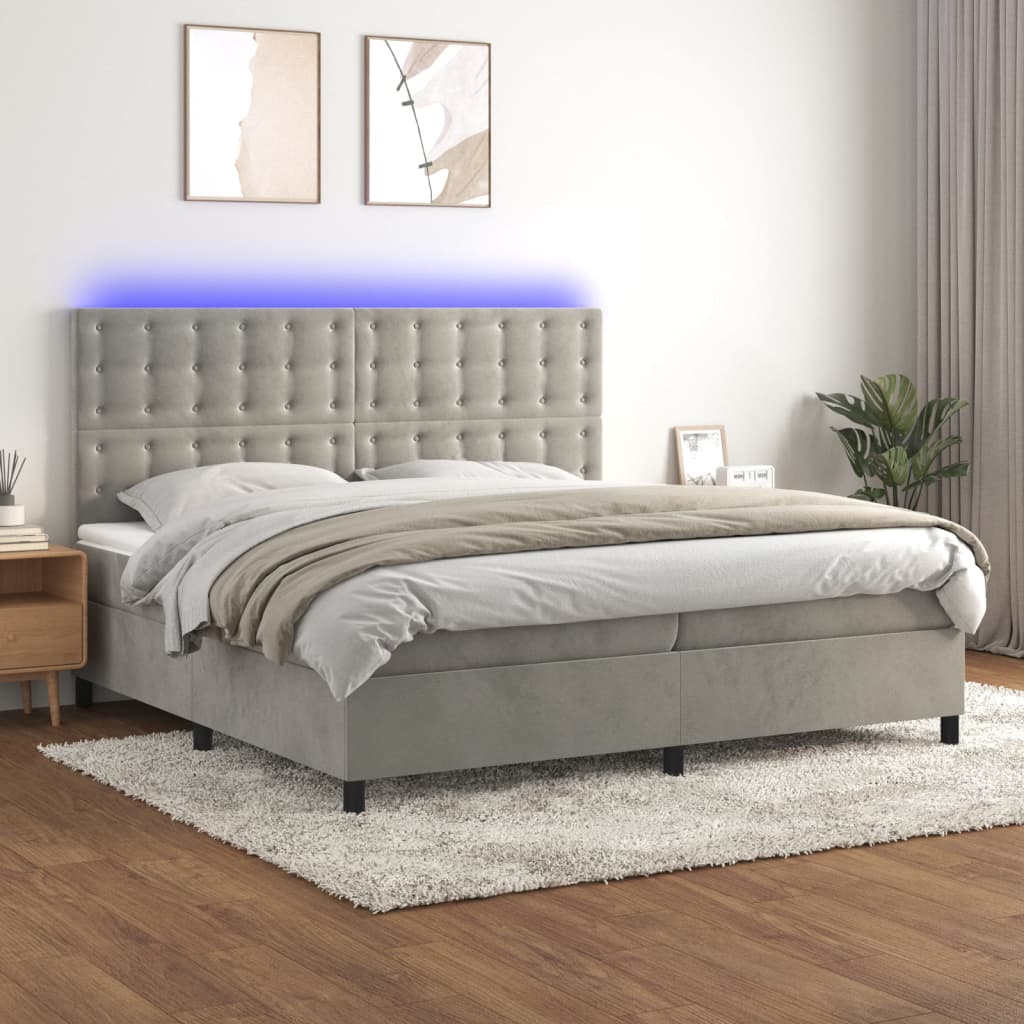 Letto a Molle Materasso e LED Grigio Chiaro 200x200 cm Velluto - homemem39