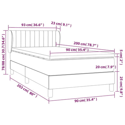 Spring bed frame with light gray mattress 90x200 cm fabric