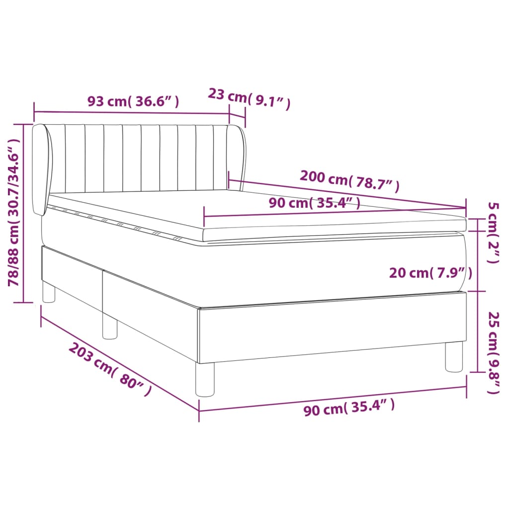 Spring bed frame with black mattress 90x200 cm in fabric