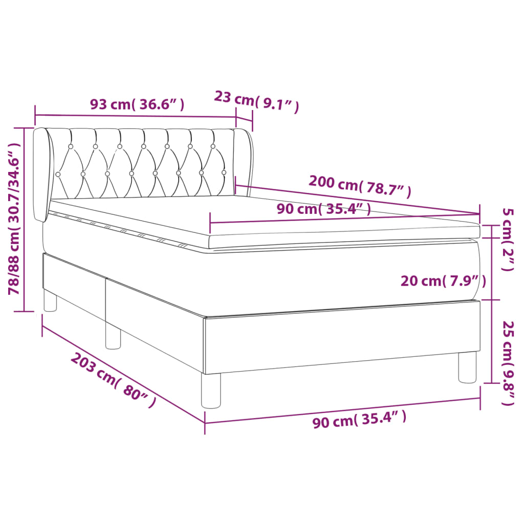 Spring bed frame with black mattress 90x200 cm in fabric