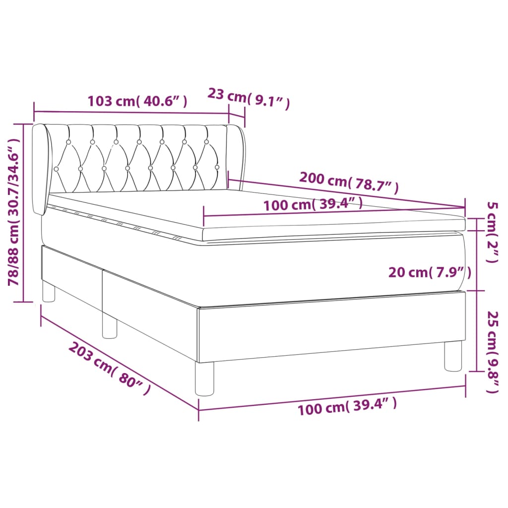 Federbettgestell mit hellgrauer Matratze 100x200 cm Stoff