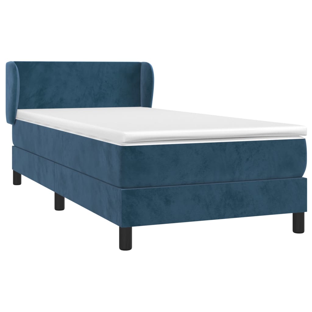 Spring bed frame with dark blue mattress 90x200 cm in velvet