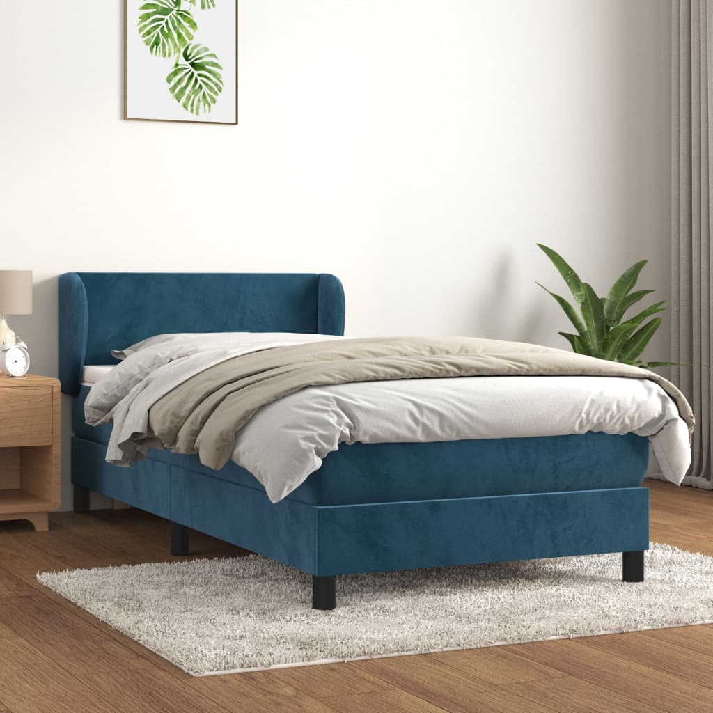 Spring bed frame with dark blue mattress 90x200 cm in velvet