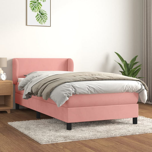 Spring bed frame with pink mattress 90x200 cm in velvet