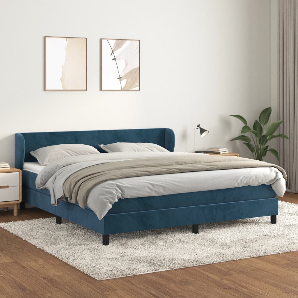 Spring bed frame with dark blue mattress 180x200 cm in velvet