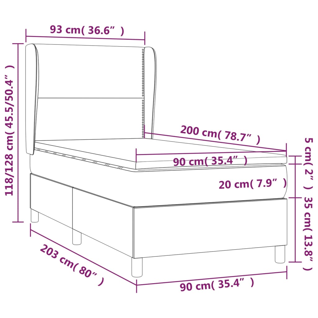 Spring bed frame with light gray mattress 90x200 cm fabric