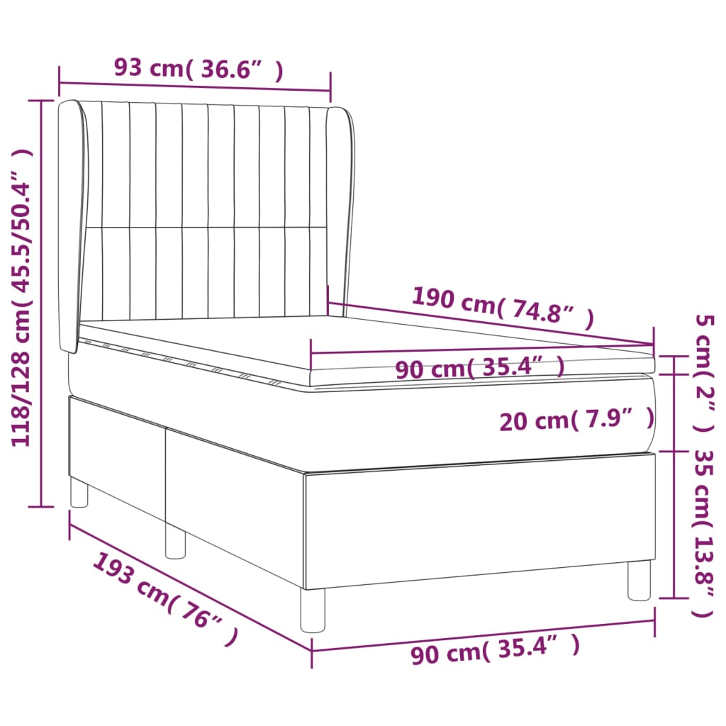 Spring bed frame with black mattress 90x190 cm in fabric