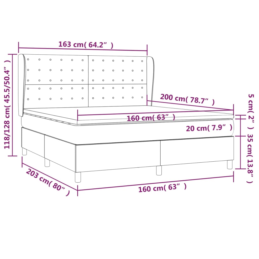 Spring bed frame with black mattress 160x200 cm in fabric