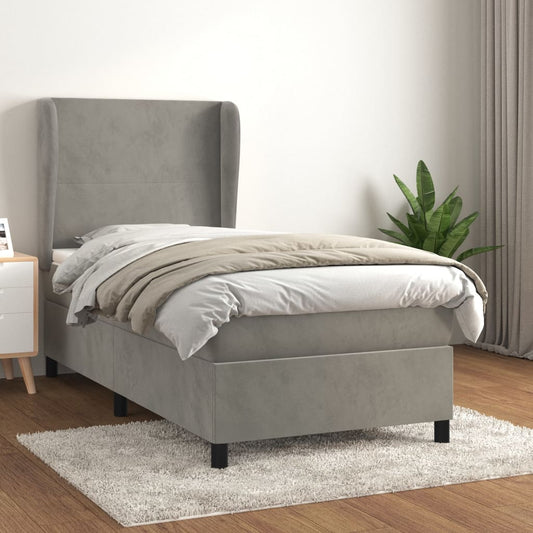 Spring bed frame with light gray mattress 90x200 cm velvet