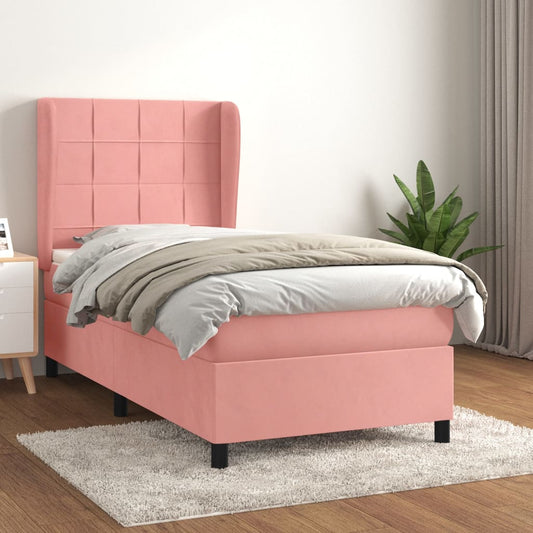 Spring bed frame with pink mattress 100x200 cm in velvet