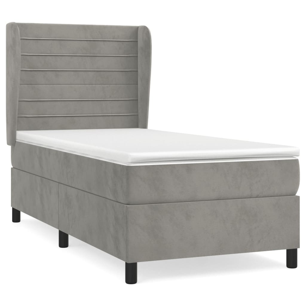 Spring bed frame with light gray mattress 90x200 cm velvet