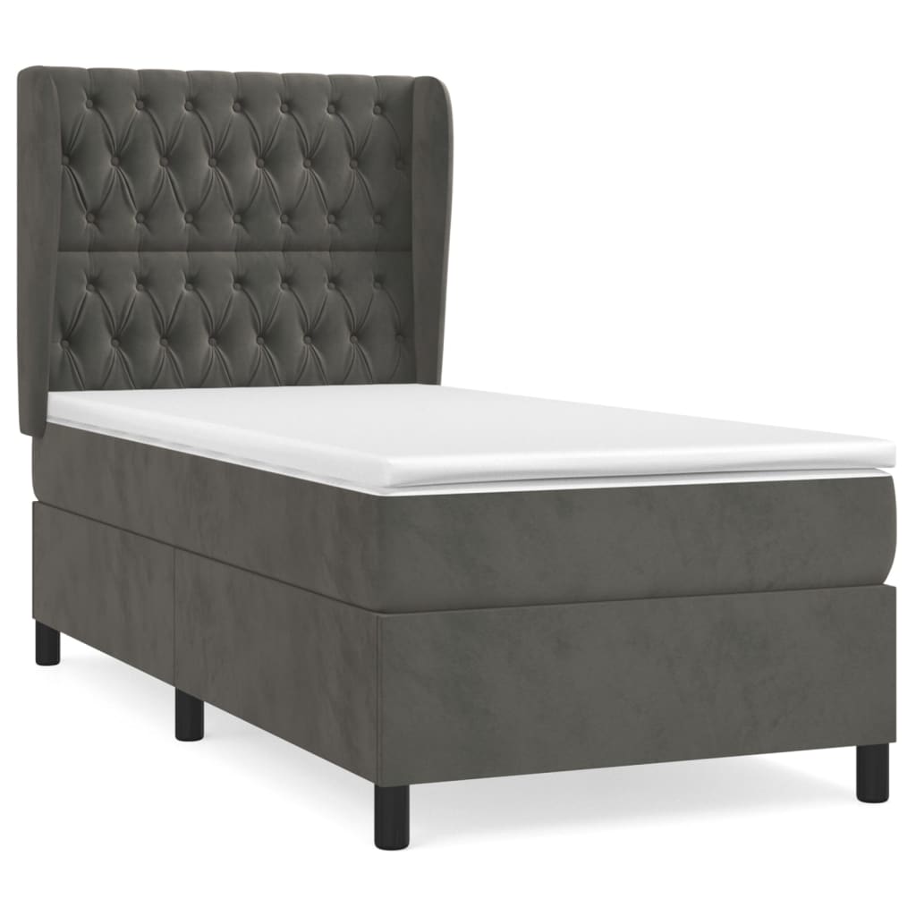 Spring bed frame with dark gray mattress 90x200 cm velvet