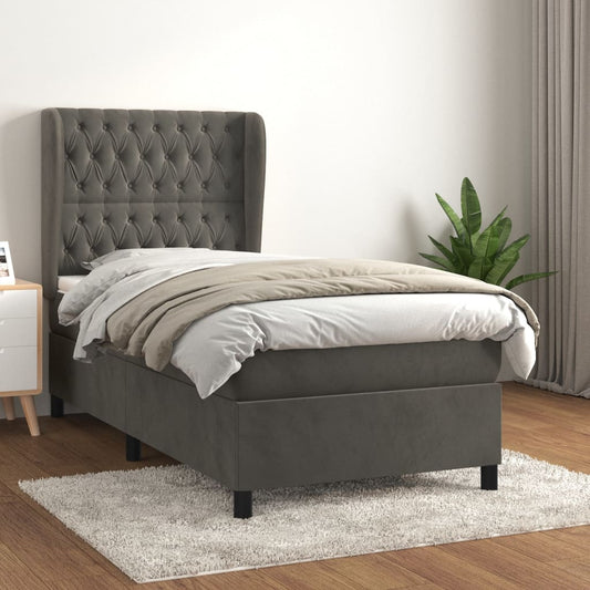 Spring bed frame with dark gray mattress 90x200 cm velvet