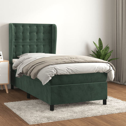 Spring bed frame with dark green mattress 90x200 cm velvet