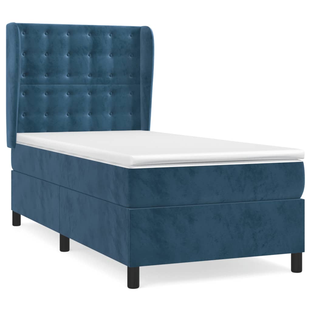 Spring bed frame with dark blue mattress 90x200 cm in velvet