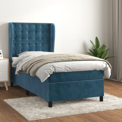 Spring bed frame with dark blue mattress 90x200 cm in velvet