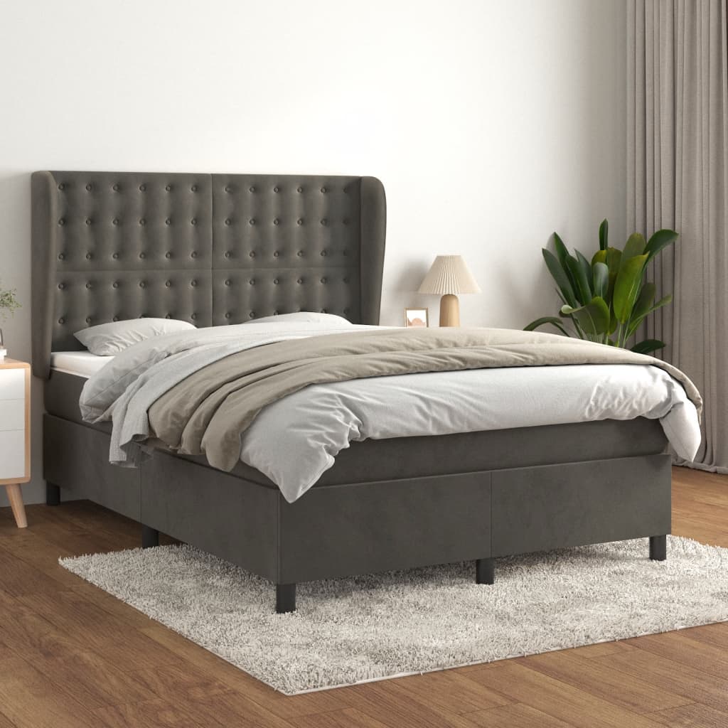 Spring bed frame with dark gray mattress 140x190 cm velvet