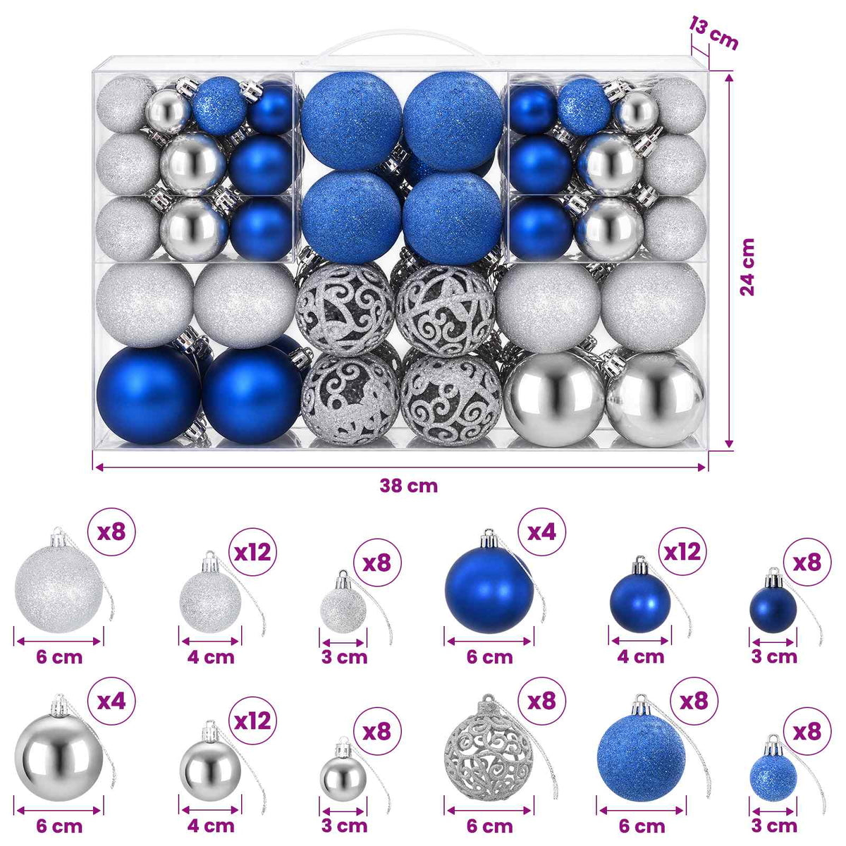 Palline di Natale 100 pz Blu e Argento 3 / 4 / 6 cm