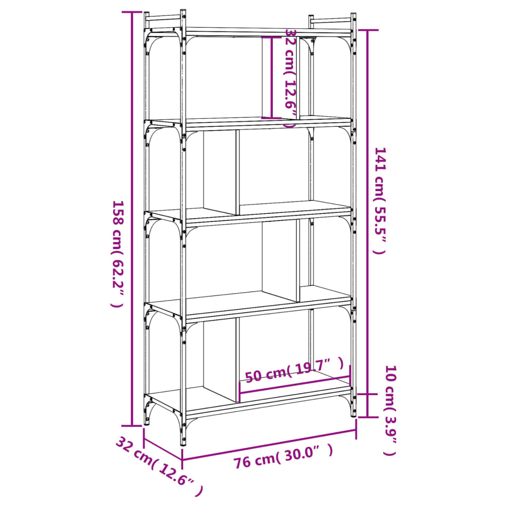 Libreria Nera 5 Ripiani 76x32x158 cm Legno Multistrato | homemem39
