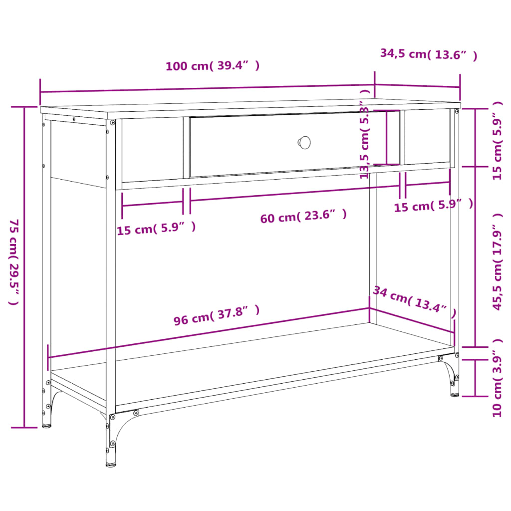 Tavolino Consolle Rovere Sonoma 100x34,5x75cm Legno Multistrato