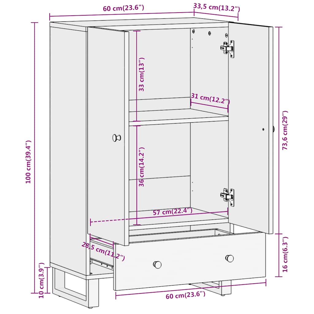 Credenza Marrone e Nera 60x33,5x100 cm Legno Massello di Mango