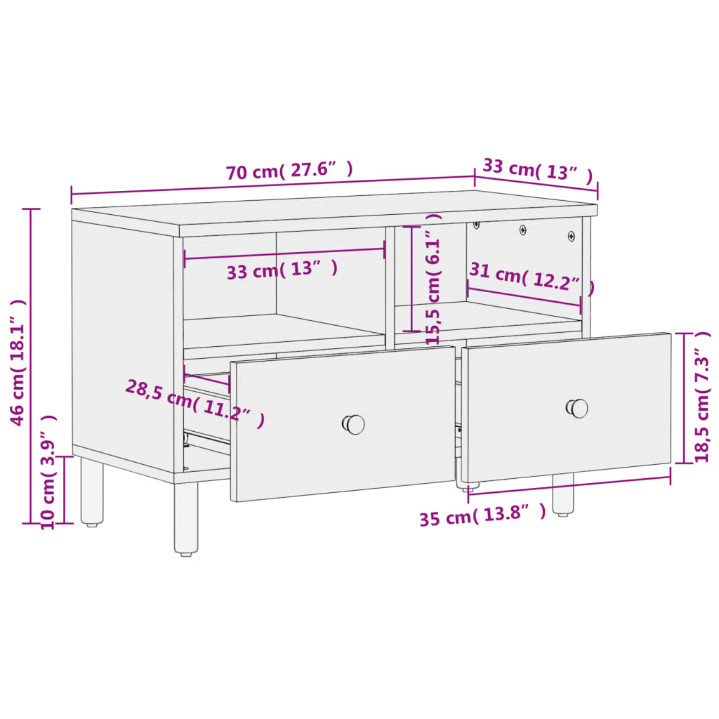 Mobile Porta TV Nero 70x33x46 cm in Legno Massello di Mango