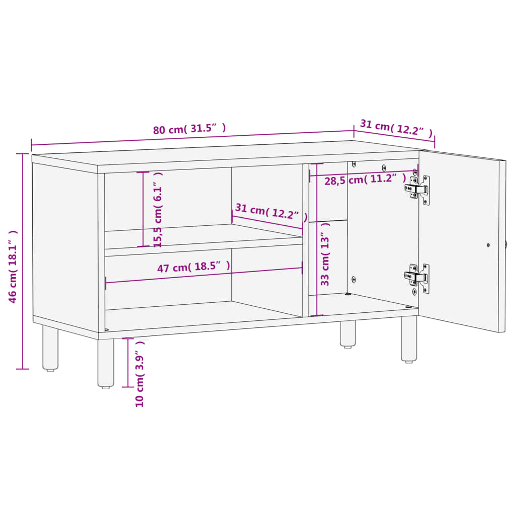 Mobile Porta TV Nero 80x31x46 cm in Legno Massello di Mango